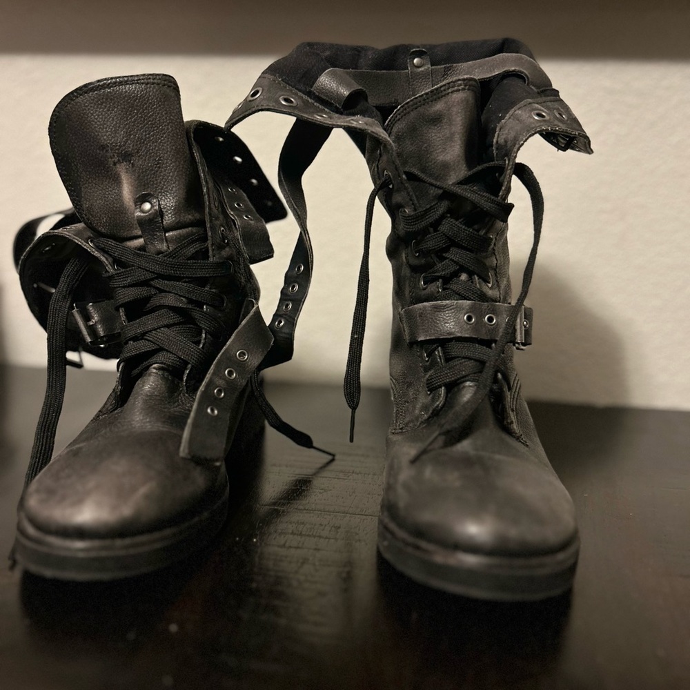 Kenzie distressed leather black combat boots. Size 7.5